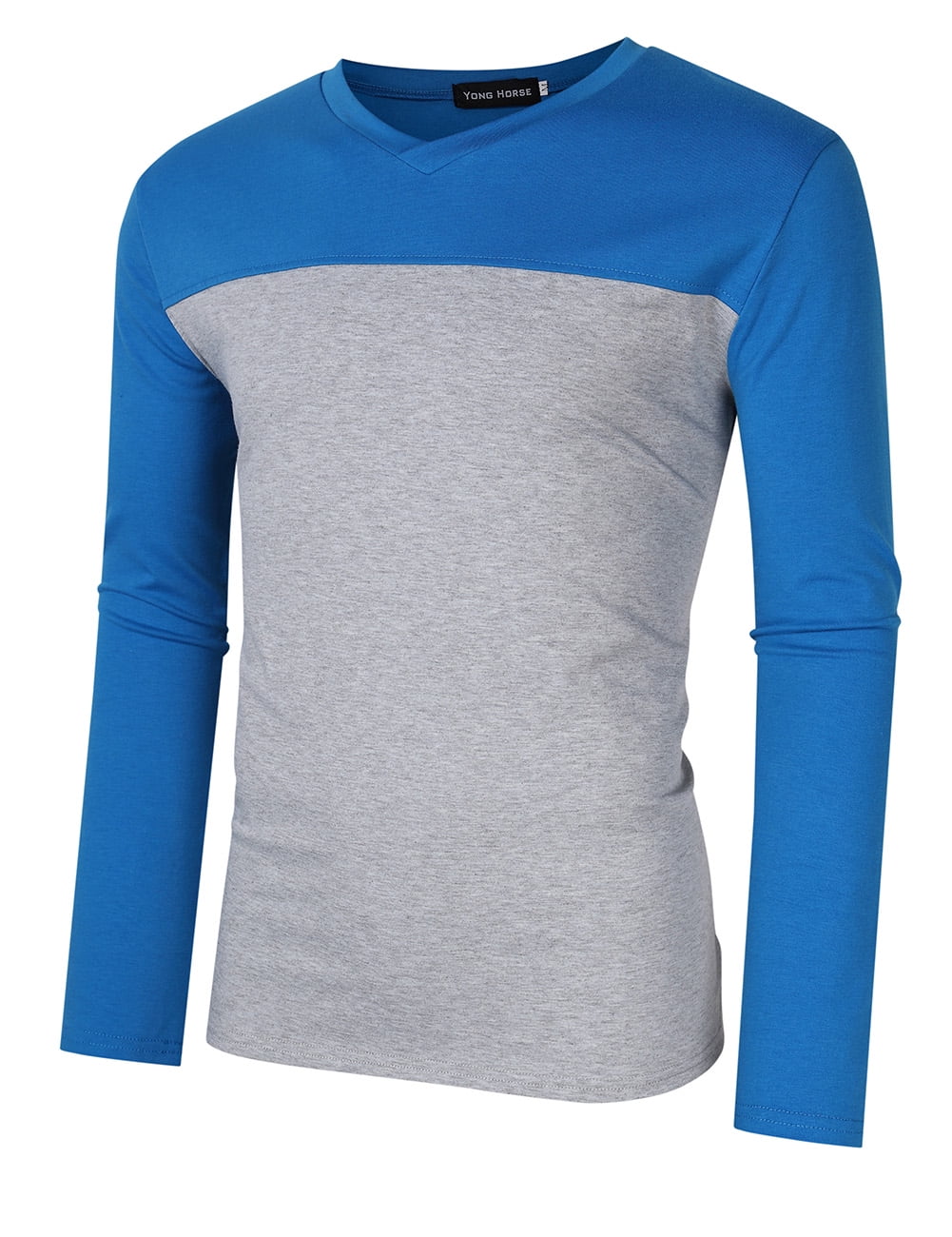 Yong Horse Men's Two Tone Slim Fit Long Sleeve Shirts VNeck Basic Tee