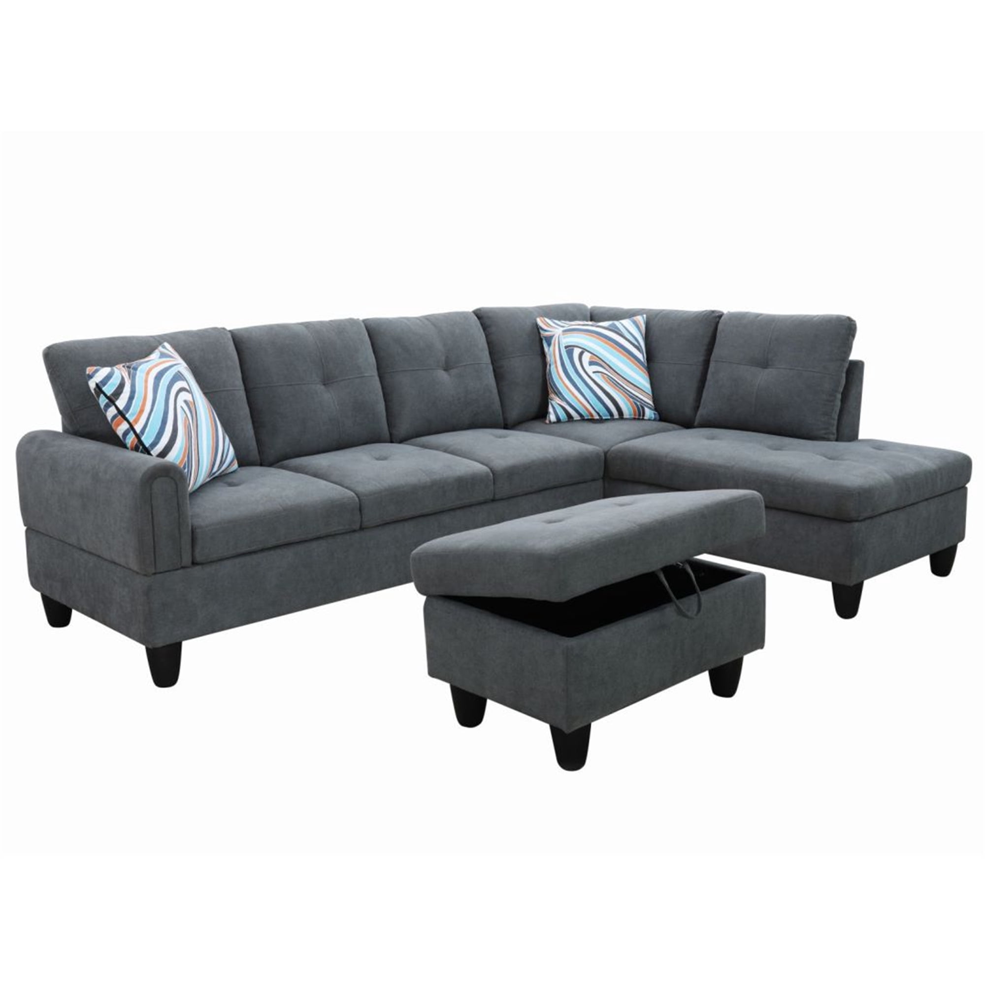 Aukfa 3 Piece Living Room Sectional Sofa Set w/ Right Facing Chaise, Storage Ottoman, Dark Gray