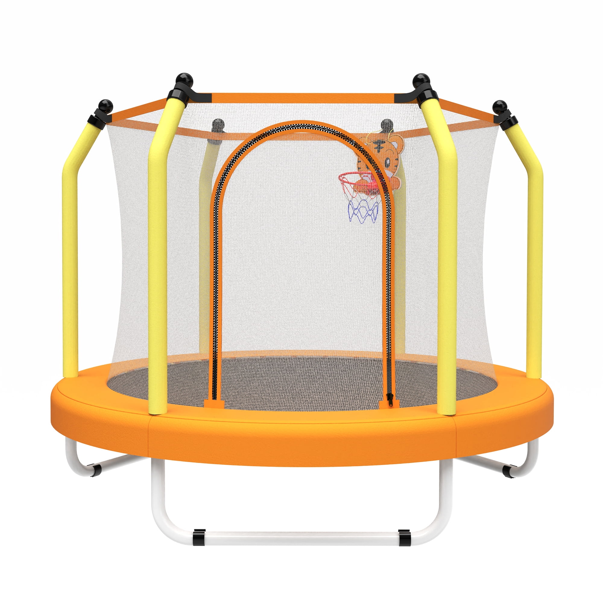 Leumius 55inch Trampoline for Kids, Outdoor Mini Trampoline with Enclosure and Basketball Hoop, Yellow