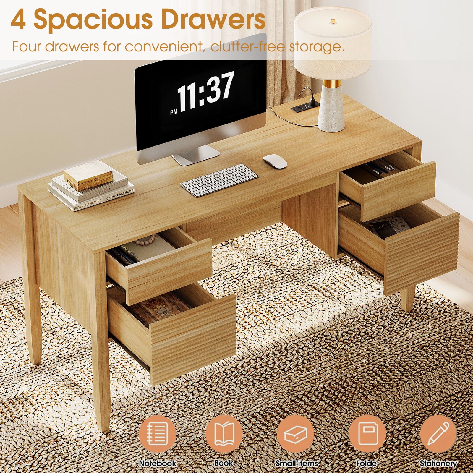 WAMPAT 3 Piece Home Office Furniture Set, 58" Writing Desk with 71.5" T Bookcase, Bookcase with 6 Drawers, Adjustable Shelves, Modern Fluted Wood Office Furniture for Home Office, Study Room, Bedroom