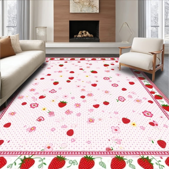 ODIKA 4' x 6' Machine Washable Non-Slip Area Rug, Kawaii Strawberry High Traffic Rug, Red, 26569