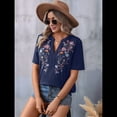 thumbnail image 4 of Camisas Mexicanas para Mujer, Blusa Tradicional de Verano Bordada, Túnica Floral, Cuello en V, Camiseta de Corta. Azul Marino M, 4 of 8