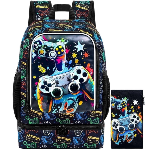 Bookbag for Kids Boys, 2-in-1 Game Backpack Set with Built-in Bottom Lunch Compartment, 17" Water-Resistant School Bag for Elementary Preschool Toddler, Easy Carry!