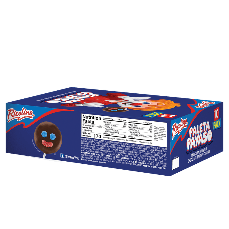 Ricolino Paleta Payaso Chocolate Marshmallow Lollipop, 10 Count Box
