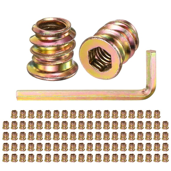 100-Pack Threaded Inserts for Wood, 1/4-20 x 10mm Hex Drive Threaded Insert Nuts with a Wrench for Wood Furniture [Gold Tone]