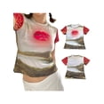 thumbnail image 5 of Franhais Ladies Summer Slim T-shirt, Women Leisure Style Lip/Scenery/Dot Printing Splicing Short Sleeve Round Collar Tops, 5 of 9