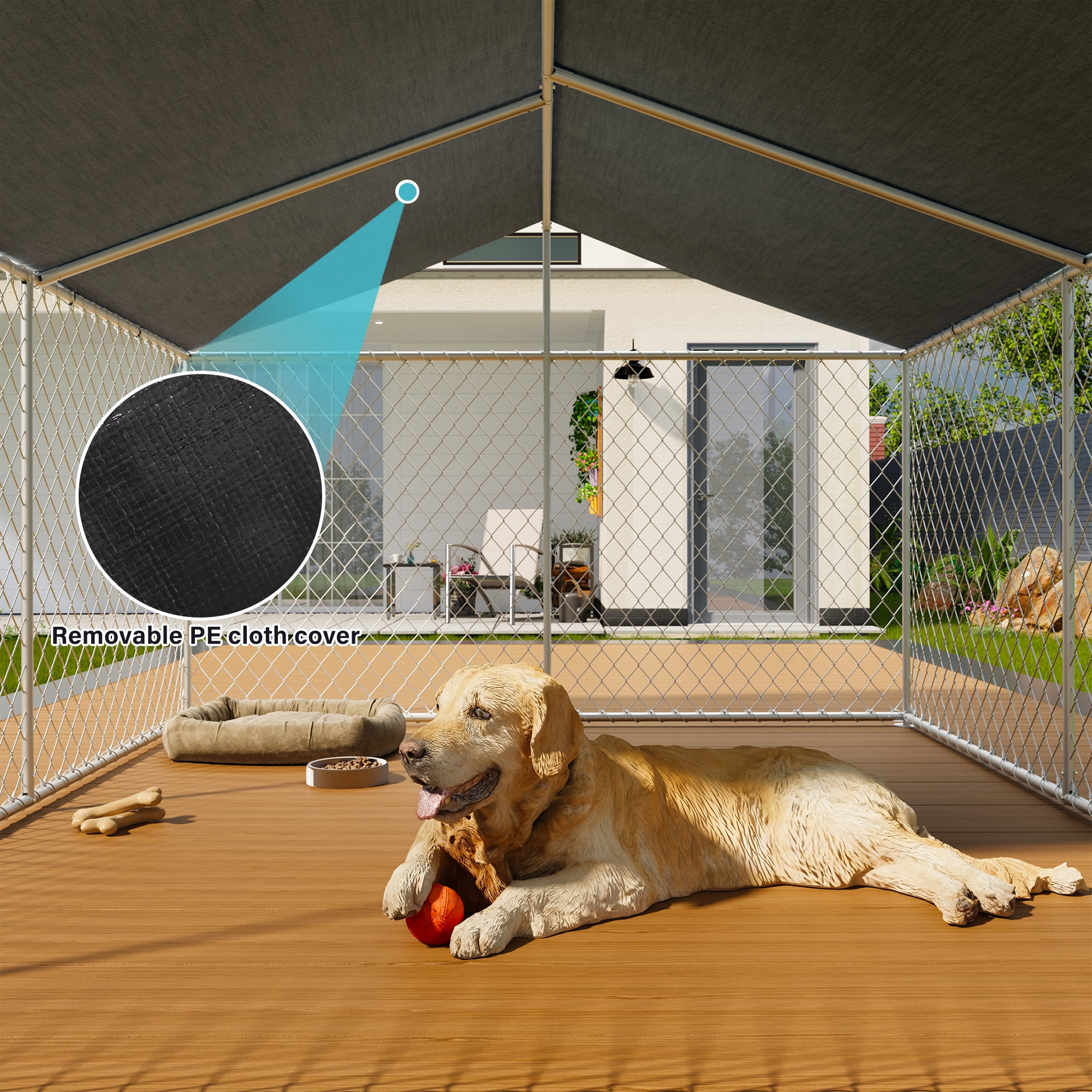 LAUSAINT HOME 7.5' x 7.5' Outdoor Dog Kennel with Roof, Heavy-Duty Steel Dog Cage with Lock for Backyard