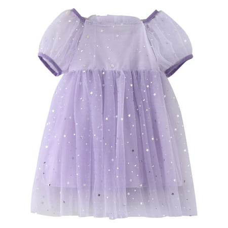 

GWAABD Little Girl Dress Purple Cotton Blend toddler Girls Short Sleeve Bowknot Star Sequin Tulle Ruffles Princess Dress Dance Party Dresses Clothes 110