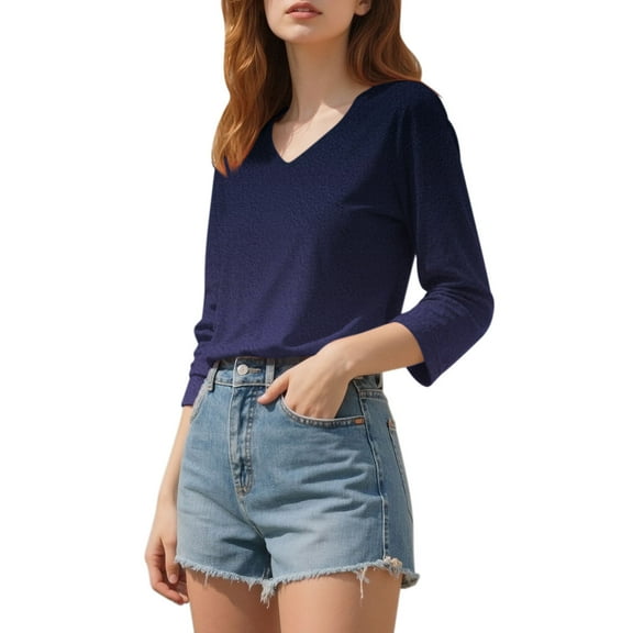 Yigetop Womens Tops Casual, Womens Tops 3/4 Sleeve Print Plain Travel Cute Tops V Neck Slim Fit Half Sleeve Tshirts Shirts Blouse Quarter Sleeve Tops for Women Black1 L