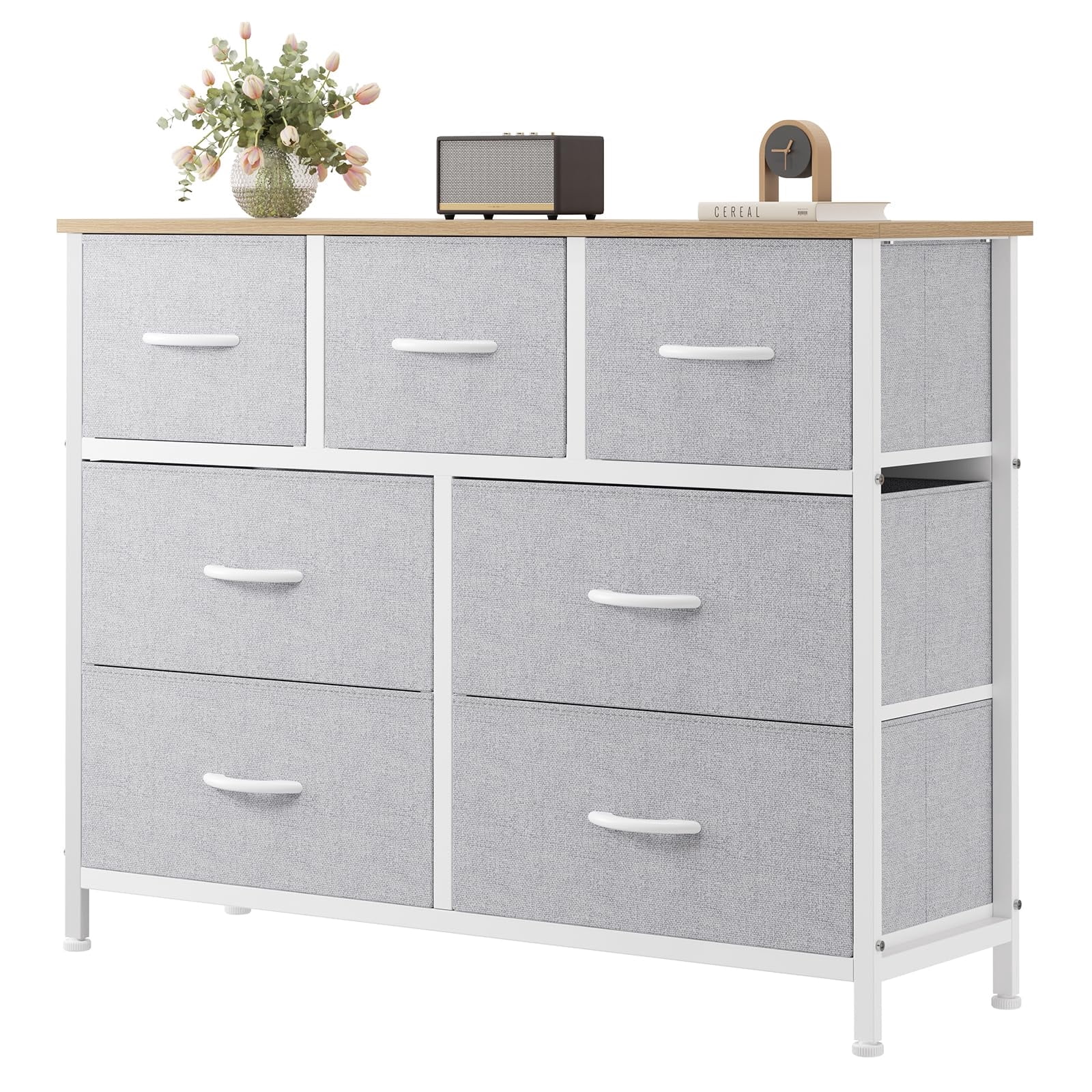 Telyra 7-Drawer Fabric Dresser TV Stand Organizer with Wood Top and Metal Frame Wide Storage Chest, Light Gray