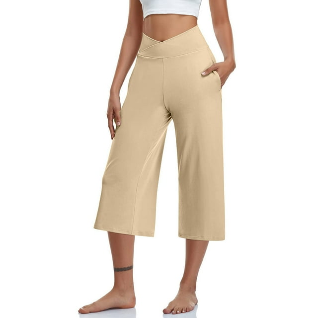 Jsaierl Womens Capris with Pockets Elastic High Waisted Capris Wide Leg Loose Comfy Capri Pants Plus Size Solid Color Straight Leg Capris