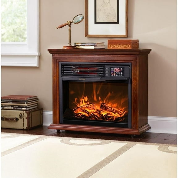 Barton 28" Electric Fireplace Heater, Portable 1500W Infrared Quartz Electric Fireplace w/ Remote Control & Wheels, (28" W x 23" H) Walnut