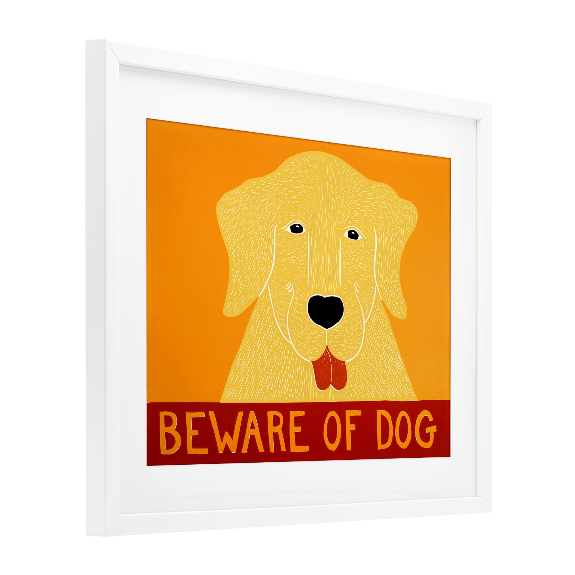 Beware Of Dog Yellow & Red White Framed Print Under Glass, design by Stephen Huneck