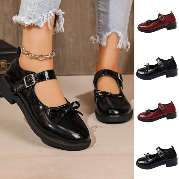 Women Patent Leather Bow Mary Jane Flat Shoes, Adjustable Metal Buckle Strap Low Block Heel Dress Shoes, Daily Walking, Work, Casual Party Outdoor
