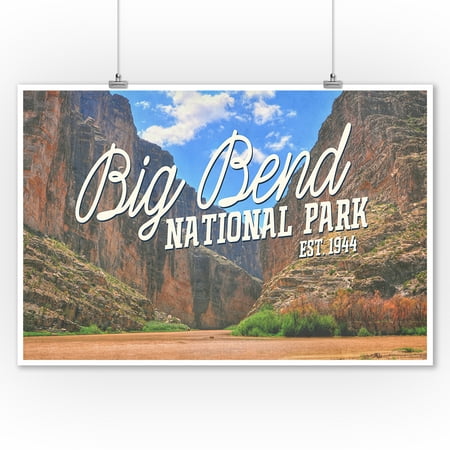 Big Bend National Park, Texas - Rio Grande River - Distressed Script - Lantern Press Photography (9x12 Art Print, Wall Decor Travel