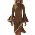 thumbnail image 2 of Womens Faux Suede Midi Dress Mock Neck Color Block Flare Sleeve Slim Fitting Split Dresses Khaki XL, 2 of 4