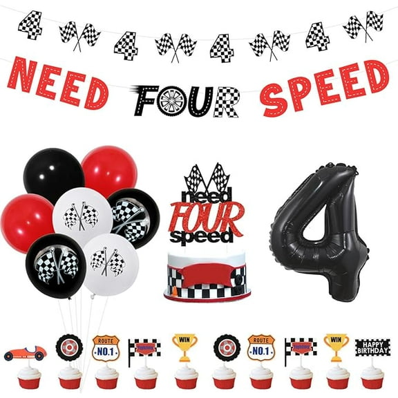 Four Speed 4th Birthday Party Decorations - Race Car Banner, Cake Toppers, Checkered Flag, Number 4 Foil Balloons