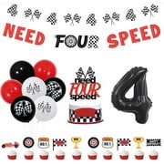 Four Speed 4th Birthday Party Decorations - Race Car Banner, Cake Toppers, Checkered Flag, Number 4 Foil Balloons