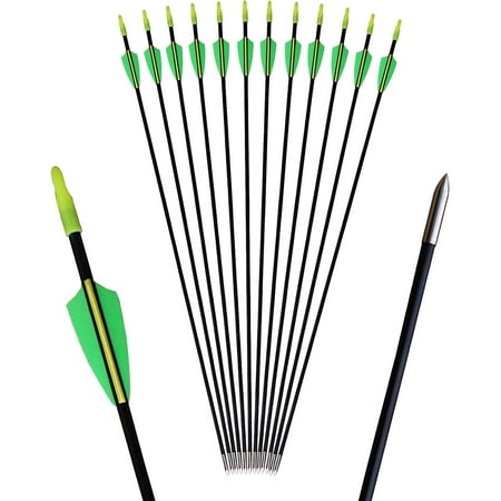 GPP 12PK 28 Fiberglass Archery Target Arrows - Practice Arrow or Youth Arrow for Recurve Bow Green & Yellow Vanes