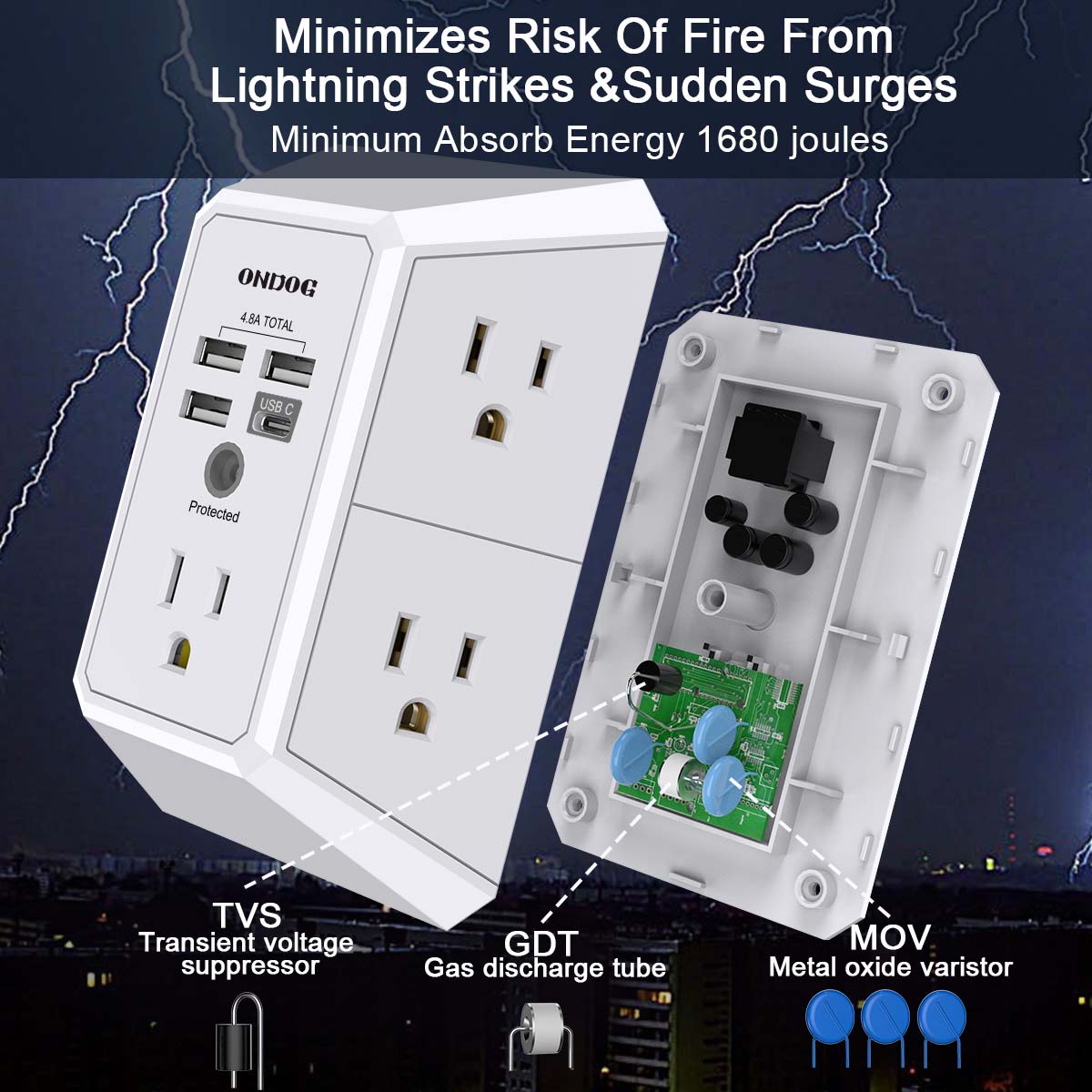 Ondog 5-Outlet Surge Protector with 4 USB Ports photo 4