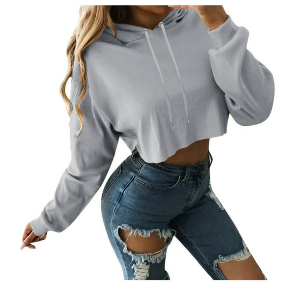 HAPIMO Sweatshirt for Women Drawstring Crop Pullover Tops Solid Color Long Sleeve Relaxed Fit Womens Hoodie Sweatshirt Teen Girls Clothes Gray M