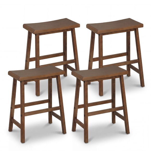 Gymax Solid Wood Saddle Bar Stools Set of 4 Backless Wooden Barstools w/Footrests Brown