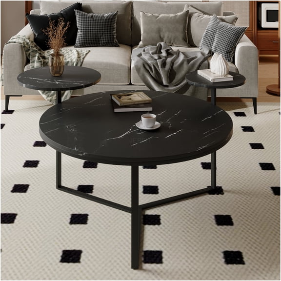 JERFIT Modern Round Coffee Table with 2 Shelves, Tripod Metal Base, Faux Marble Top for Living Room