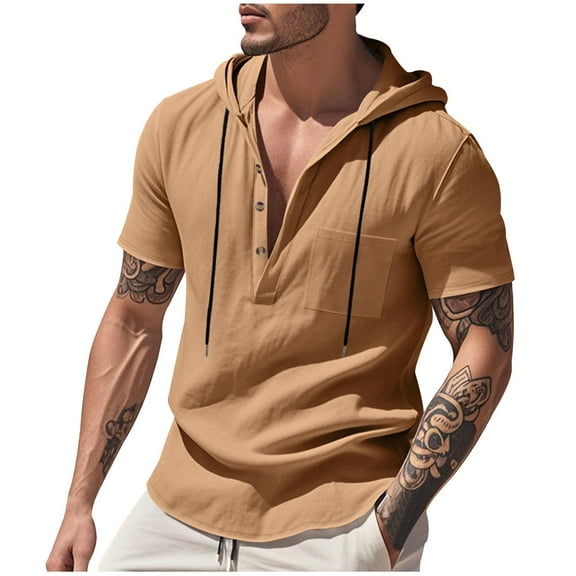 hotojiny Men's Short Sleeve Hoodie Casual Cotton Linen Big and Tall Sweatshirt Loose Fit Fashion Button Pullover Shirt with Pocket