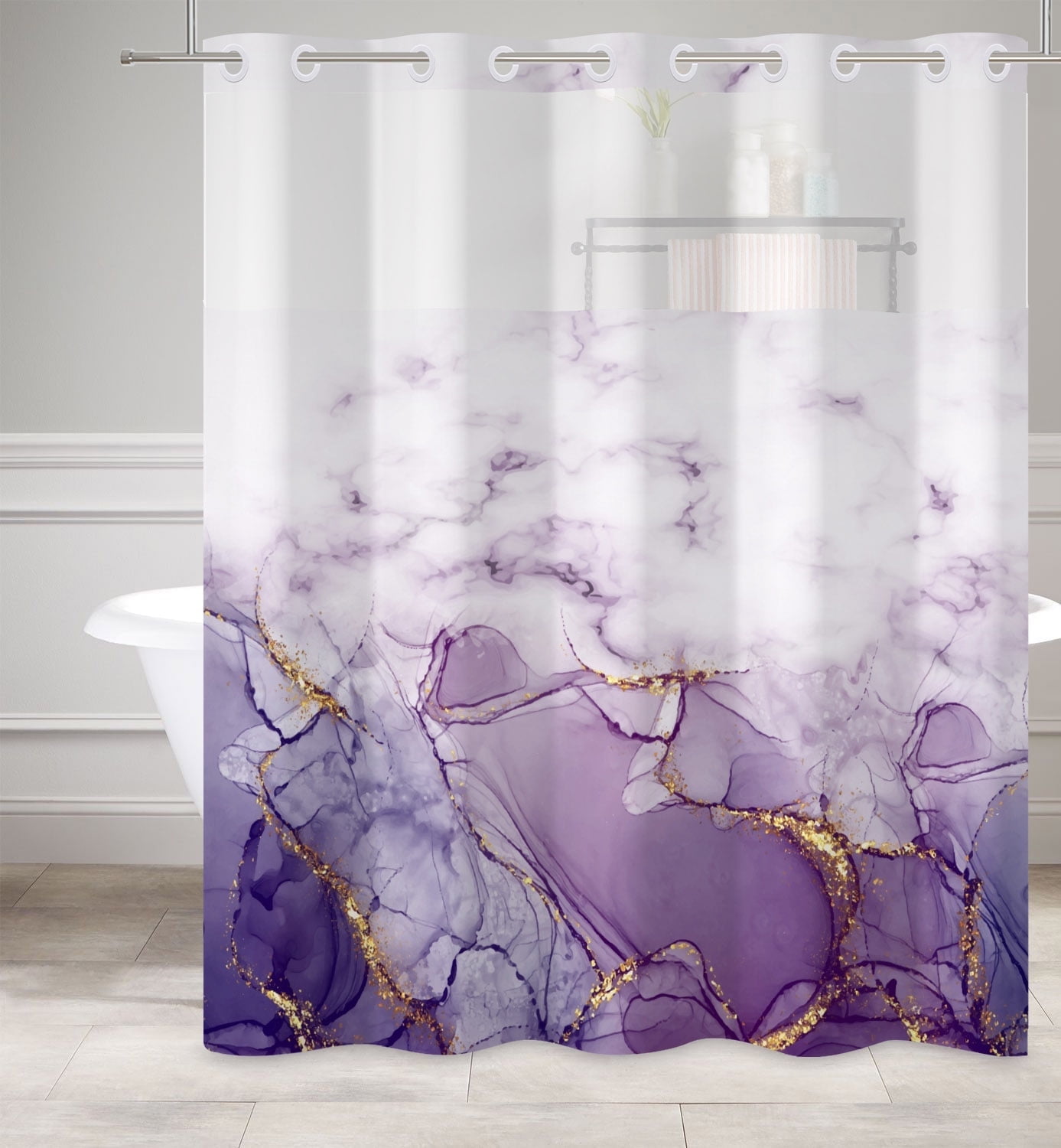 Mizhona Shower Curtain with Liner Purple Marble No Hook Shower Curtain for Bathroom ,71"x74"