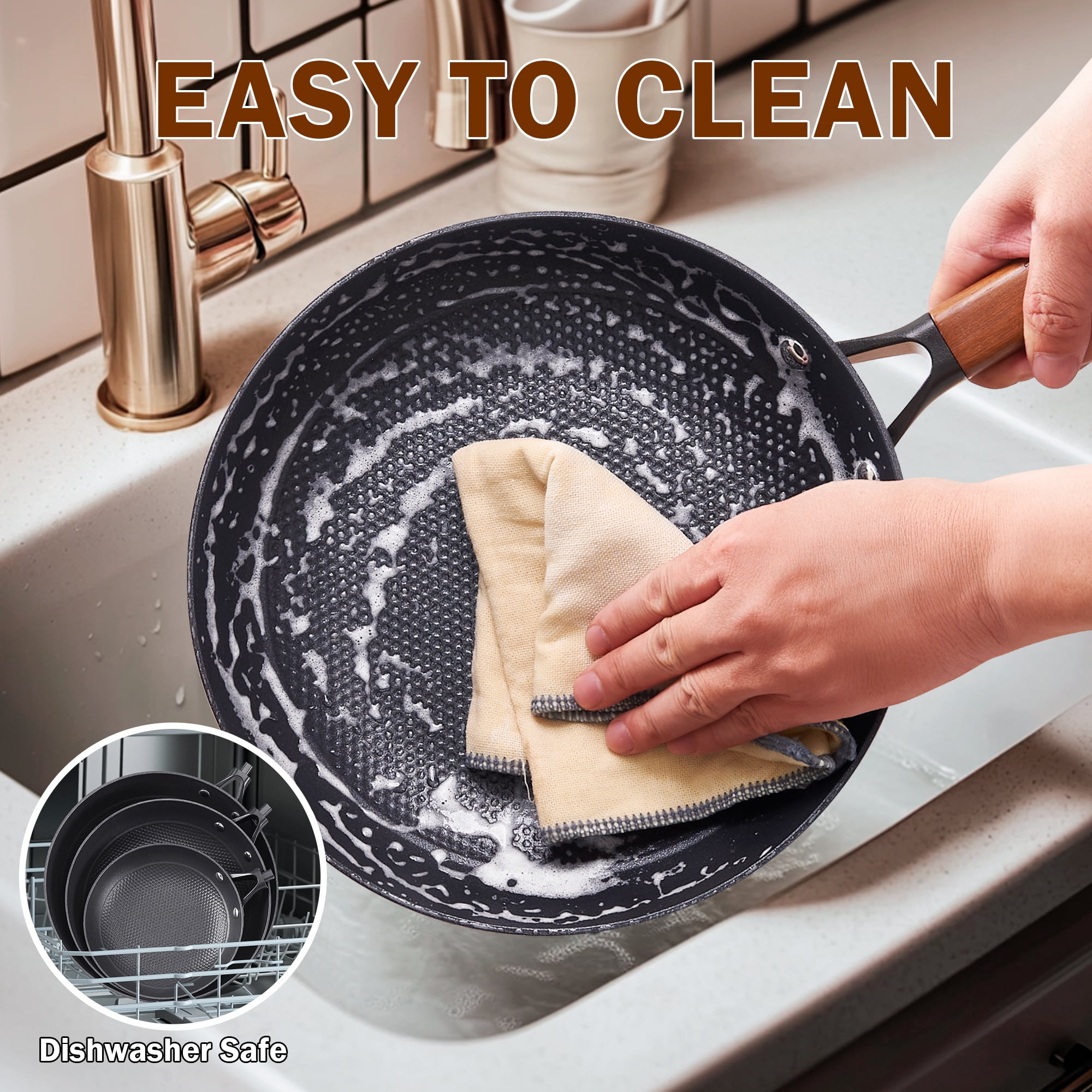 D&M Cast Iron Skillet, 8 Inch Nonstick Frying Pan with Detachable Acacia Wooden Handle, Honeycomb Non stick Omelet Egg Pan, Easy Clean Oven Safe Pans for Cooking