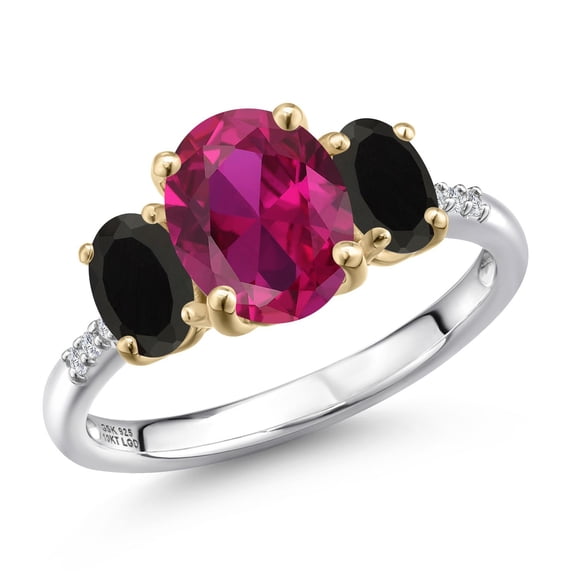 Gem Stone King 925 Silver and 10K Yellow Gold Red Created Ruby and Black Onyx and Lab Grown Diamond Engagement Ring for Women | 2.86 Cttw | Oval 9X7MM | July Birthstone | Size 9