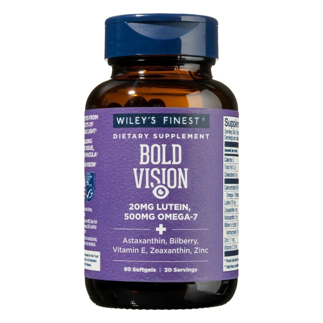 Wiley’s Finest Wild Alaskan Fish Oil Bold Vision - Fish Oil Eye Health Supplement with Lutein, Zeaxanthin, Bilberry, Omega-7, Vitamin E, and Zinc - 60 Softgels (30 Servings)