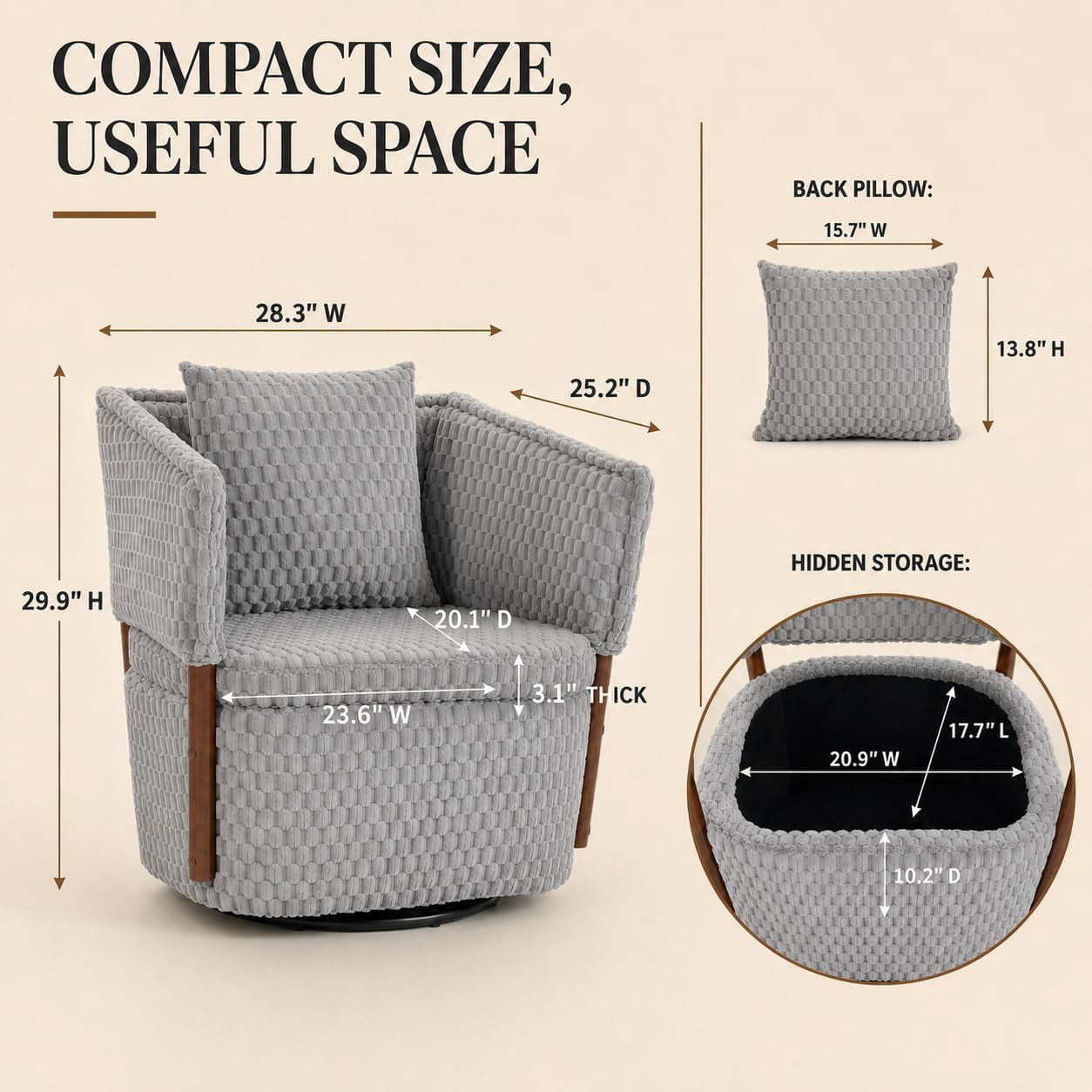 MOONIMSS 360°Swivel Accent Chair, Corduroy Vanity Chair with Storage,Gray