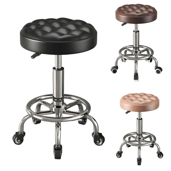 GAMBE-Rolling Stool PU Leather Round - Ultra Soft Padded Cushion Stool,Height Adjustable Swivel Stool,Drafting Work Tatto Massage Spa Salon chair,Black