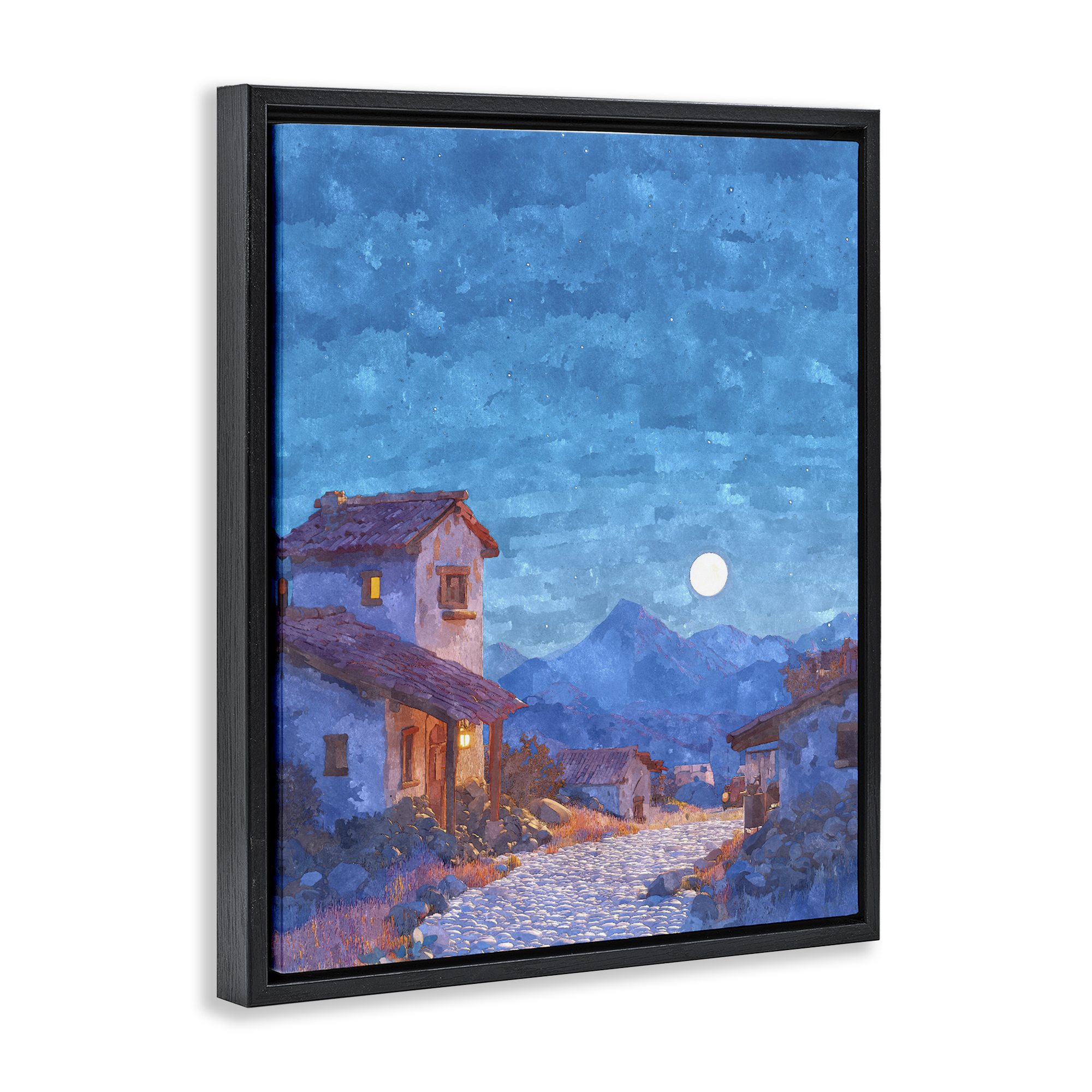Moon over Quiet Town Black Framed Floater Canvas Wall Art, design by Ziwei Li