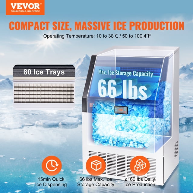 VEVOR Máquina para hacer hielo comercial, 160 libras/24 horas, máquina para hacer hielo, 80 cubitos de hielo en 12-15 minutos, máquina para hacer hielo con gabinete independiente con