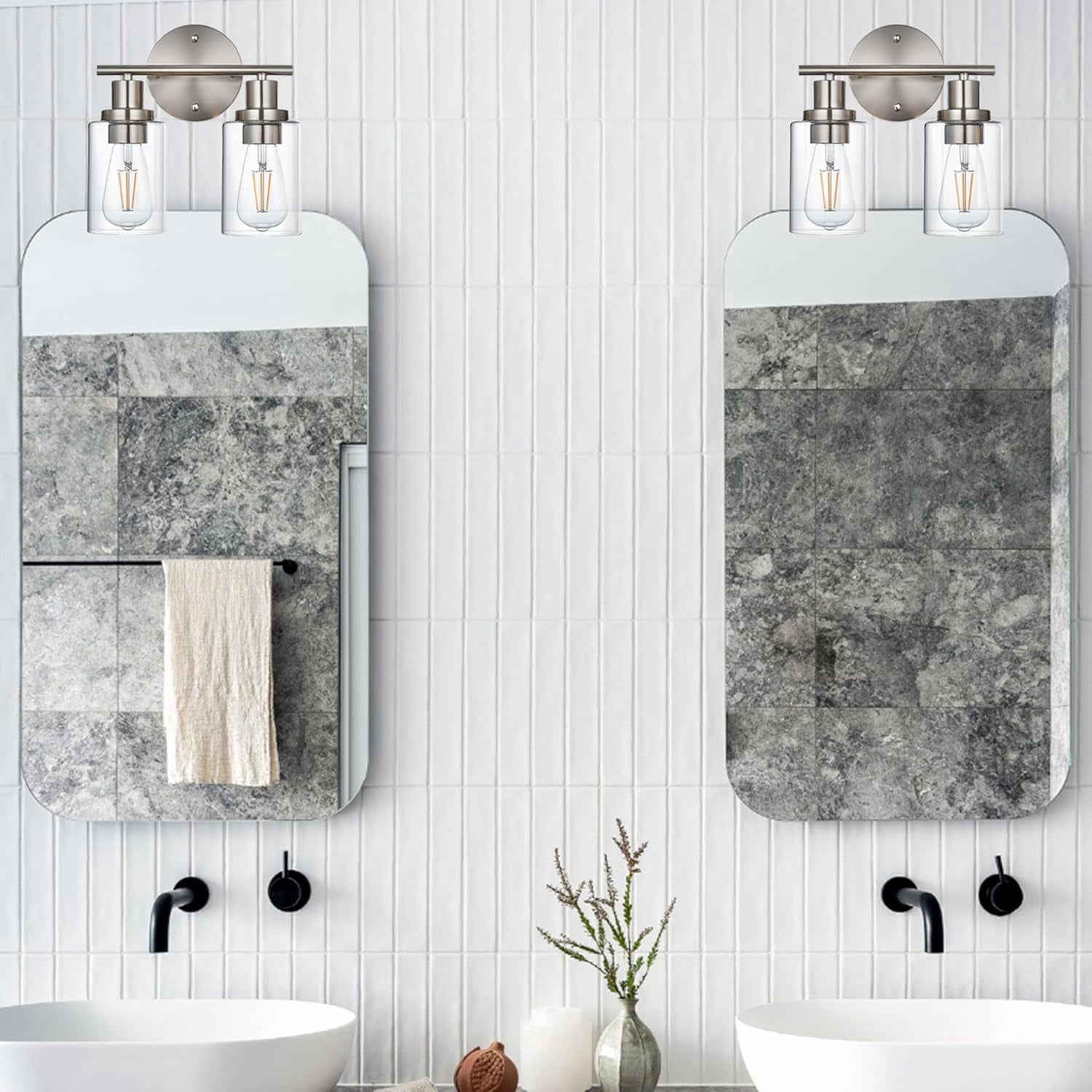Melucee 2-light Vanity Light with Round Plate – Brushed Nickel Modern Bathroom Light Fixture, Dimmable Wall Sconce for Mirror, Bedroom, Makeup Area