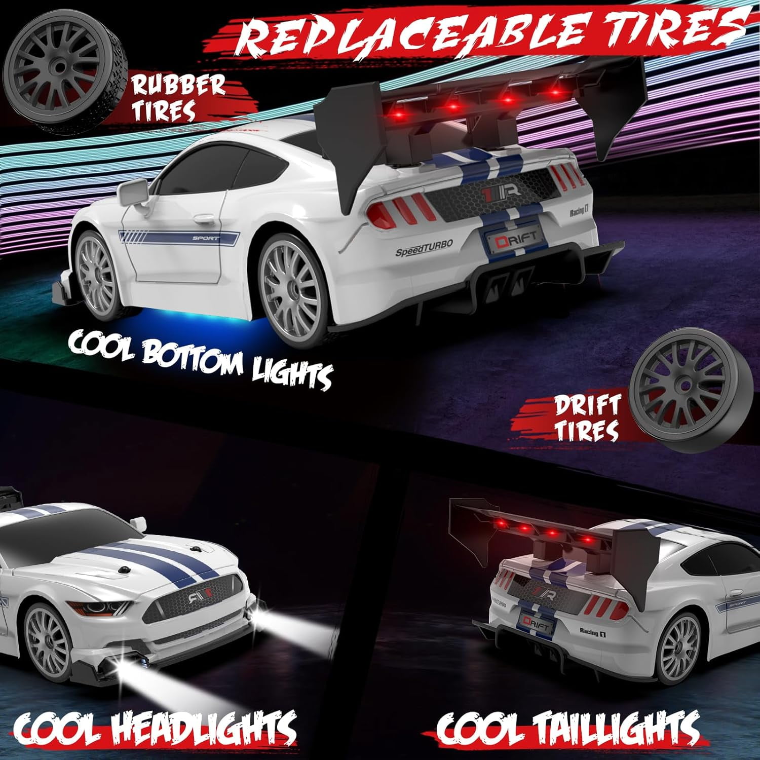 AIGIA 1:24 Scale RC Drift Car 30KM/H 4WD 2.4GHz Remote Control Cars with LED Light High Speed RC Racing Cars Toy Gift
