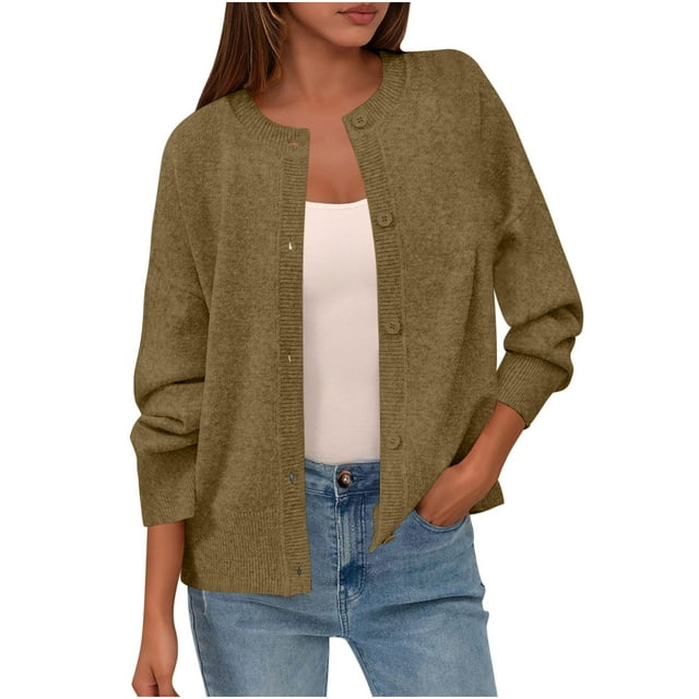 Gpaecead Cardigan Sweaters For Women Open Front Button Long Sleeve Blouse Shirt Knit Solid Coat