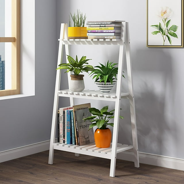 3 Shelf Wood Ladder Bookcase Foldable Bookshelf Plant Stand Flower Pot Display Holder Home Garden Balcony Decor