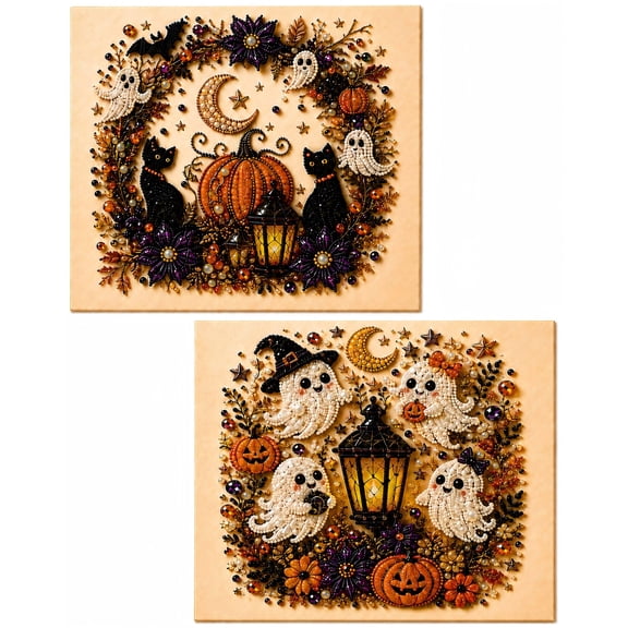CZBZ 2 Pack Framed Halloween Pearl Diamond Art Kits for Adults, Cat Ghost 2 Framed Designs, 8 X 8 in Each, Pearl and Gem Beads, Black Cats, Ghosts, Pumpkins and Lanterns, Halloween Decor