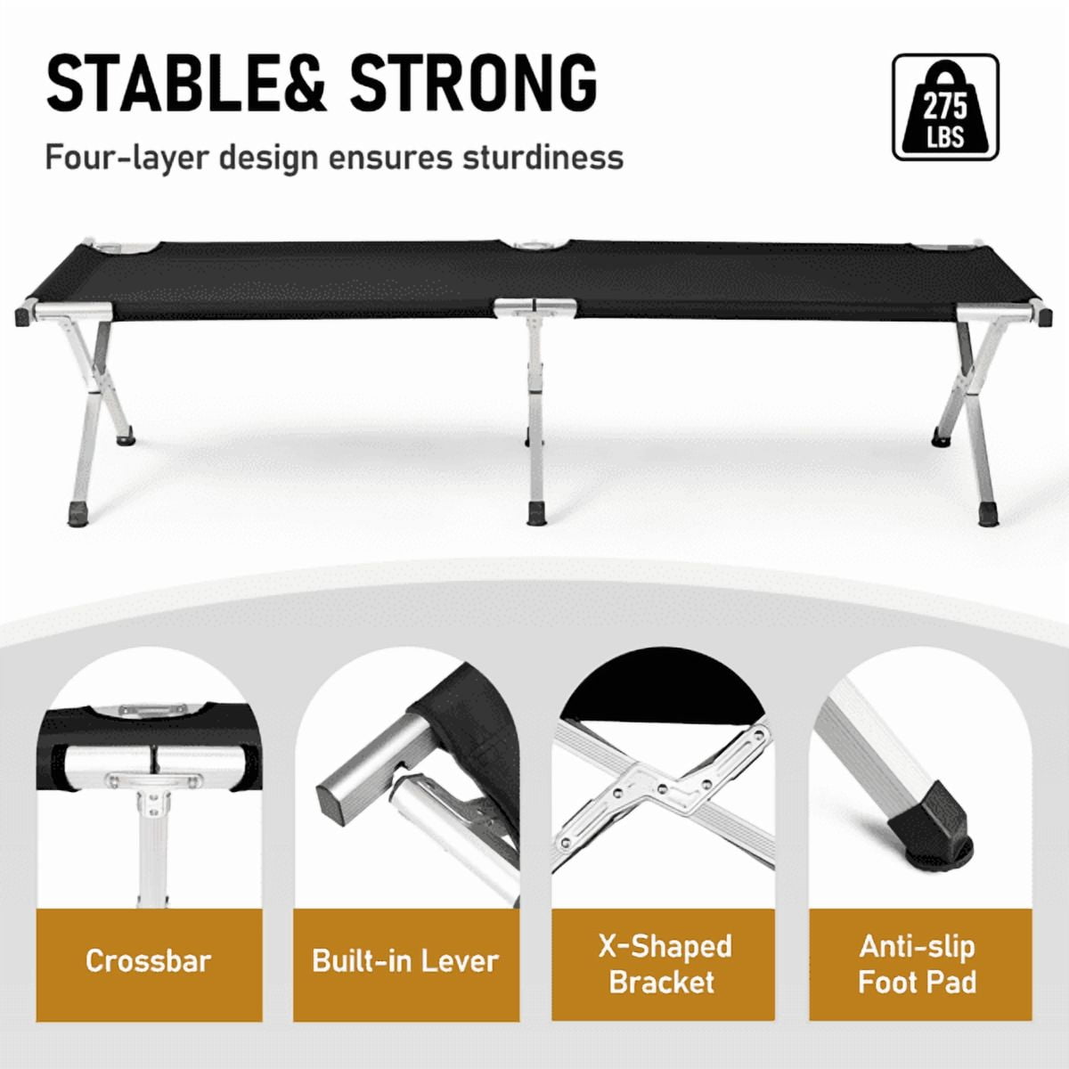 Alvantor Single Folding Camping Cot for Adults, 74 x 28 x 18 in, Aluminum Frame, Oxford Fabric, Carry Bag, Black