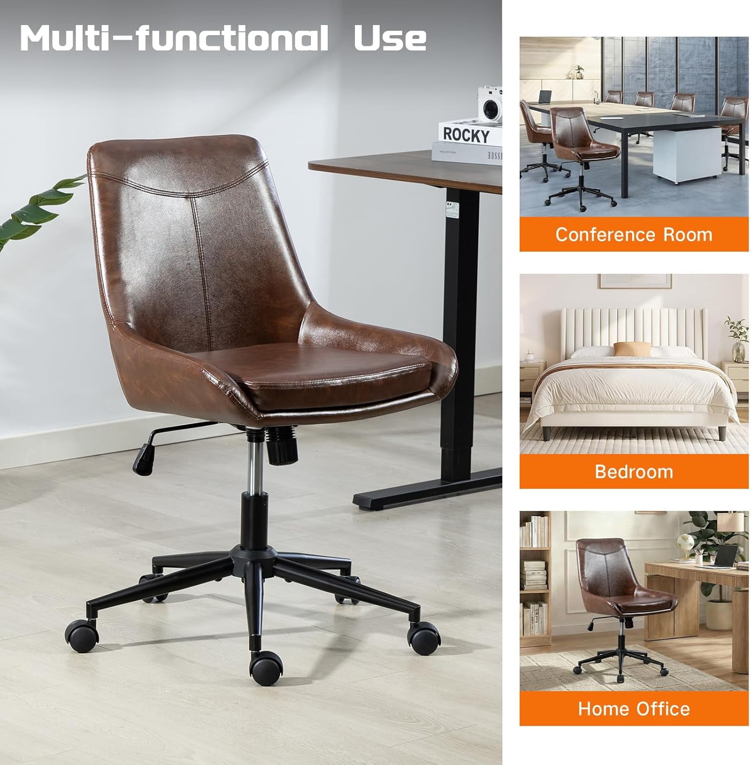 Faux Leather Home Office Chair，Comfortable Armless Task Chair Swivel Rolling Adjustable Height Home Office