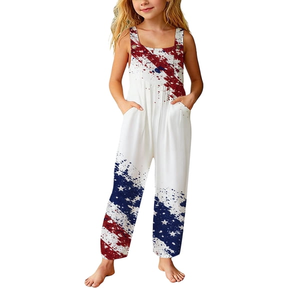 WAYUTE Girls Jumpsuit 4th of July Jumpsuits National Flag Colors Graphic Patriotic Kids Youth Independence Day Celebration Summer Outfits