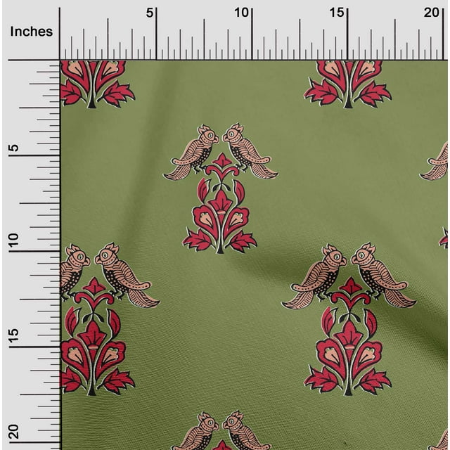 oneOone Silk Tabby Fabric Leaves|Bird & Floral Block Printed Craft Fabric BTY 42 Inch Wide