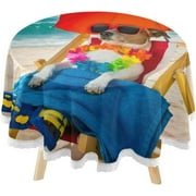 SKYSONIC Summer Jack Russell Beach Round Tablecloth 60inch Indoor Wrinkle Free, Funny Cute Sea Sandy Circular Lace Table Cover Washable for Kitchen Party BBQ Dining Decor