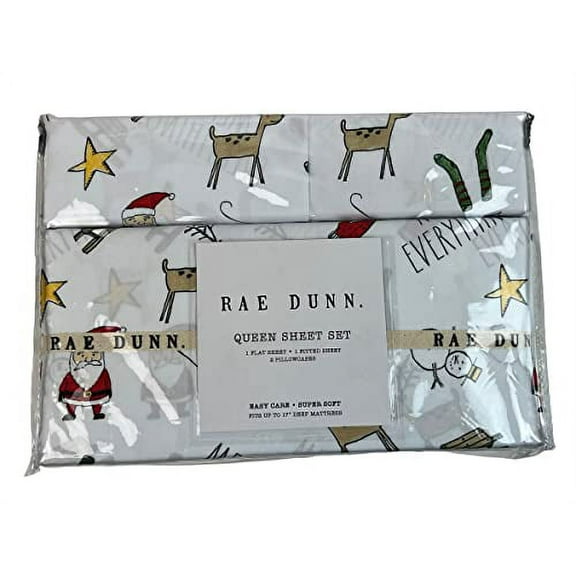 Rae Dunn by Enchante Merry Everything Christmas Holiday Santa Reindeer 4 Piece Queen Size Sheet Set