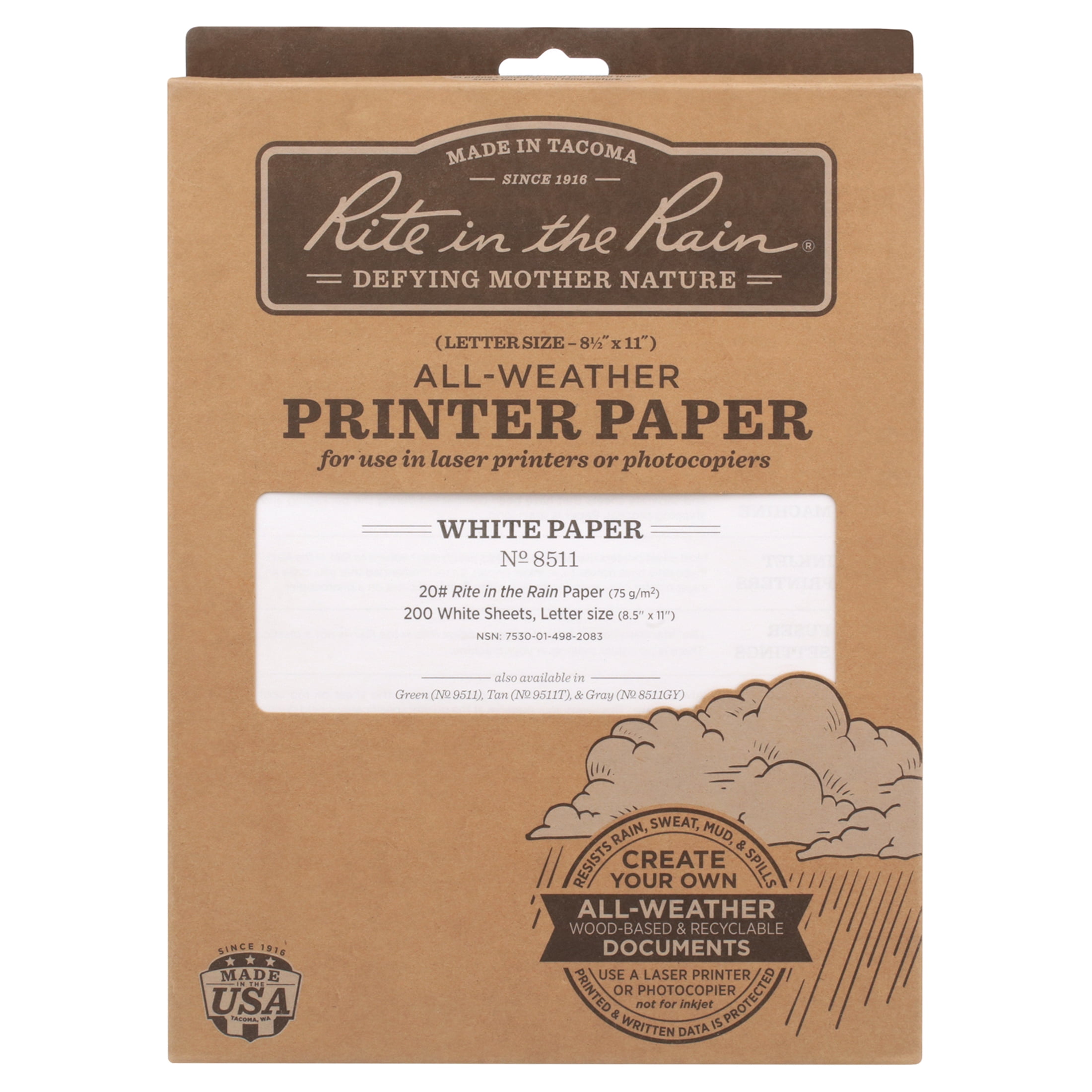 Rite in the Rain Weatherproof Copier Paper, 8.5" x 11", 20# White, 200 Sheet Pack (No. 8511)