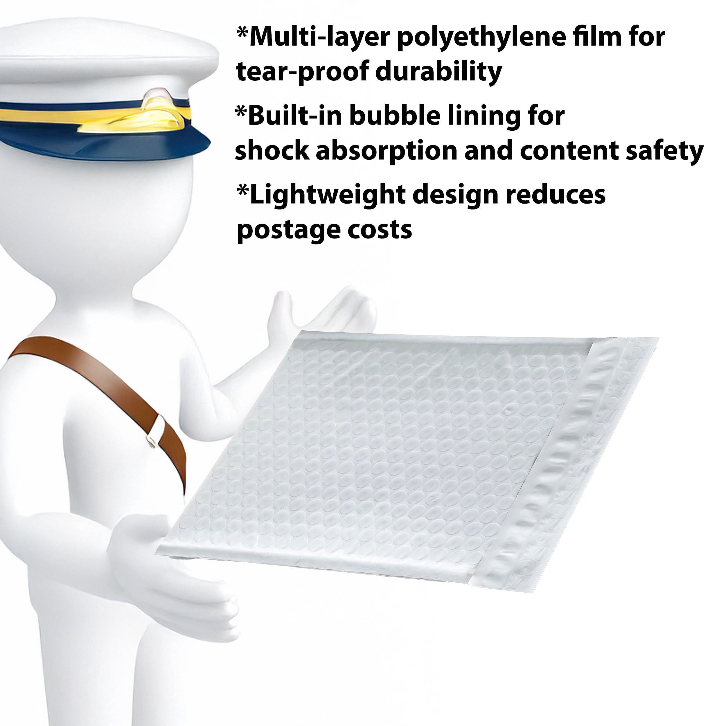 Poly Bubble Mailers Shipping Bags – Padded Envelopes, 7.25″ x 12″, White – 100-Pack