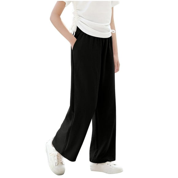 Lenpel Toddler Girls' Wide Leg Pants Solid Color Elastic Waist Loose Lounge Pants Soft Casual Trousers with Pockets